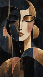 Portrait abstrait d'une femme dans le style Art déco – Tableau mural cubiste sur toile, feuille d'or et noir