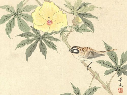 Oiseau sur une branche avec une fleur jaune par Matsumura Keibun - 1892