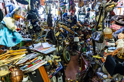 Interior of a chaotic antiquarian bookshop in Norway