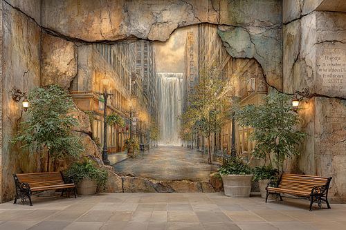 Verlichte stadsmuur met waterval - Mysterieus street art schilderij