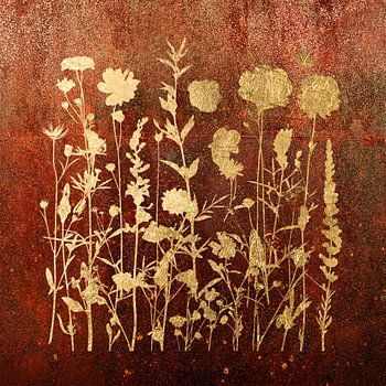 Collage aus getrockneten Blumen in Gold, Serie Botanische Kunst