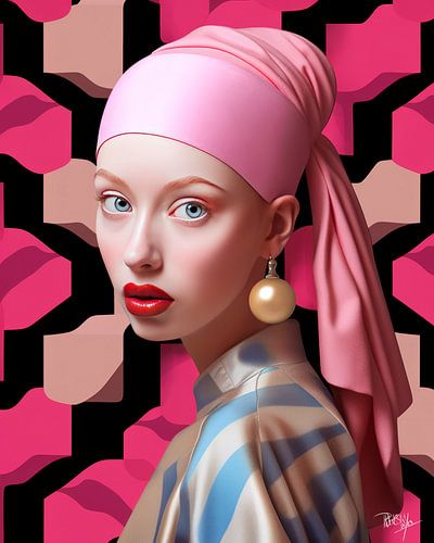 Fille moderne avec une boucle d'oreille en perle I Johannes Vermeer géométrique