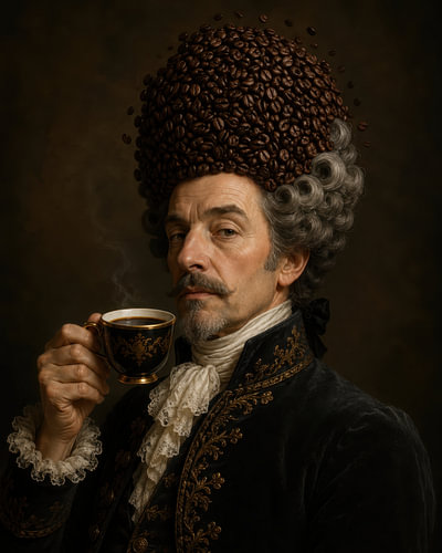 Baroque Portrait of a Man with Coffee Beans and a Wig