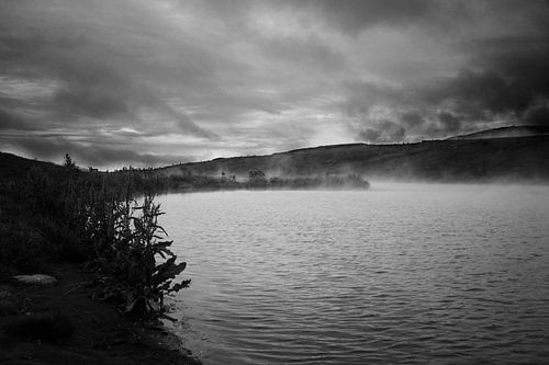 Steaming Icelandic lake, black and white 