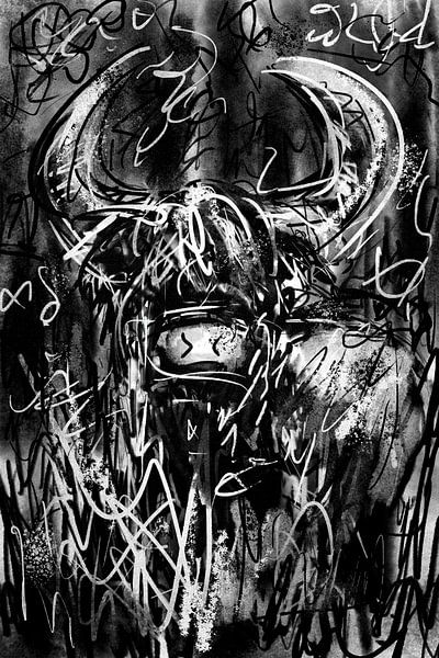 Digitaal abstract artwork met zwart wit tinten. Stoer en robuust schilderij van een schotse hoogland van Emiel de Lange