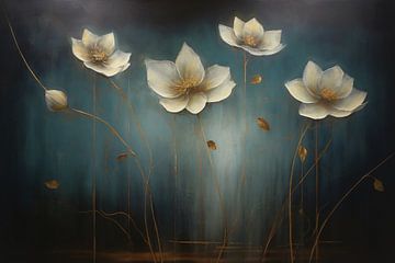 Weiße Blumen auf blauem Hintergrund von Laila Bakker