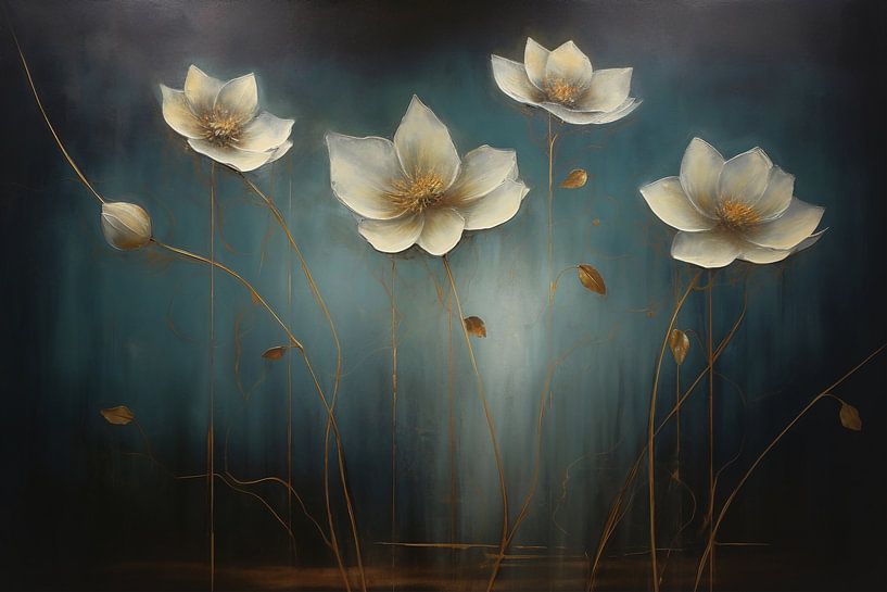 Witte bloemen op een blauwe achtergrond van Laila Bakker