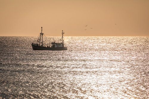 Viskotter op de Noordzee bij zonsondergang voor Sylt
