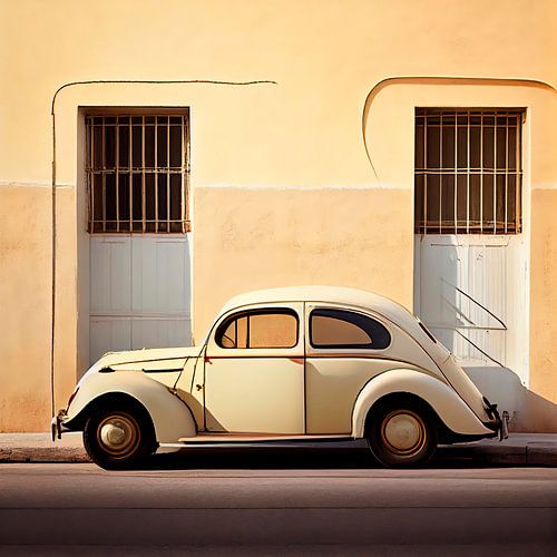 Oldtimer parked in front of a beige wall