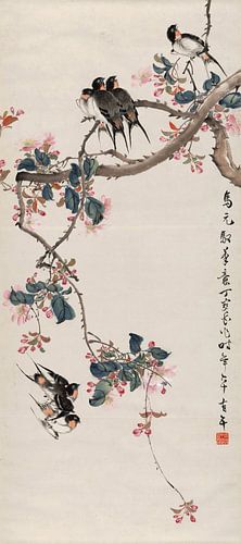 Ding Baoshu,Magpie op bloemboom, Chinese vogels en bloemen Schil
