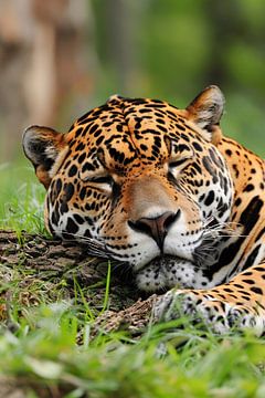 Slapende jaguar op gras schilderij van Art & Soul Creations