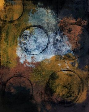 Abstracte compositie in bruin, oranje blauw en zwart. Cirkels en lijnen van Dina Dankers