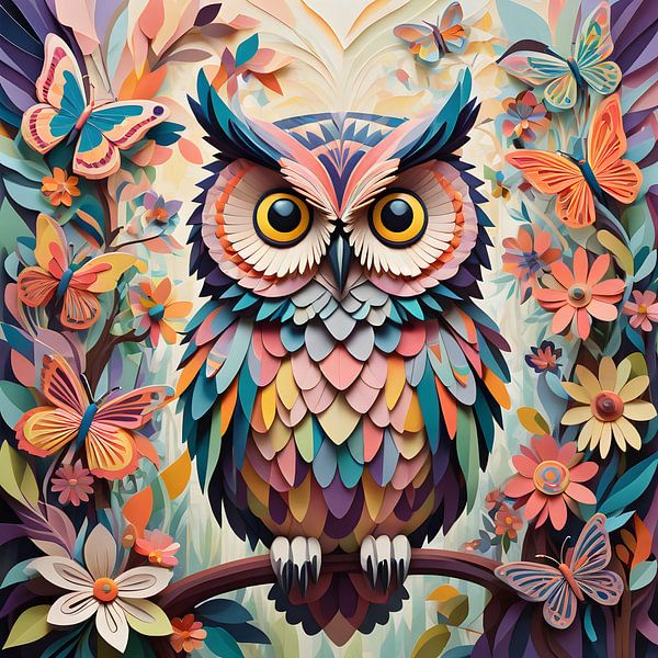Hibou gracieux entouré de papillons et de fleurs par Bart Veeken