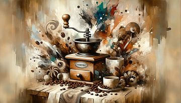 Koffiemolen in een artistieke explosie van artefacti