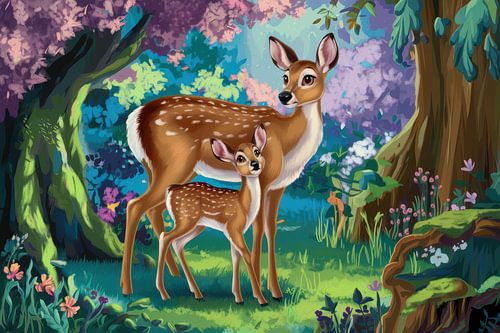 Biche et faon dans la forêt