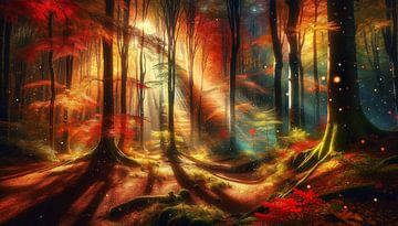 Lichtgevende herfstsymfonie in het dromerige bos van artefacti