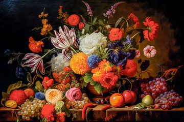 Still life with flowers and fruit by Peet de Rouw