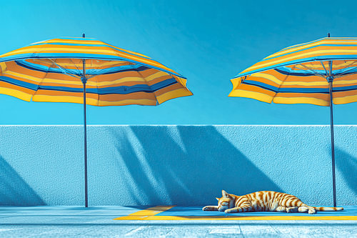 Sleeping Cat Under Summer Parasols
