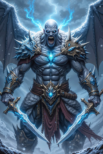 Dark Fantasy Art Wandbild: KRYOVAR - Der dämonische Schwertkämpfer im ewigen Eis