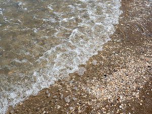 Welle am Strand mit Muscheln