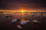 De Waddenzee is bedekt met IJsschotsen in de winter. Een mooie zonsondergang geeft prachtige kleuren van Bas Meelker thumbnail