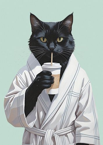 Schwarze Katze am Morgen mit Coffee-to-go