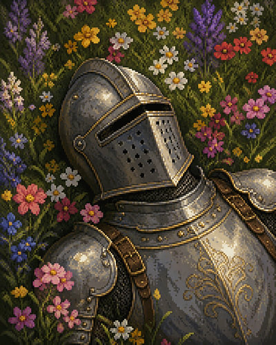 Ein Pixel-Art-Ritter ruht sich auf einer bunten Wildblumenwiese aus