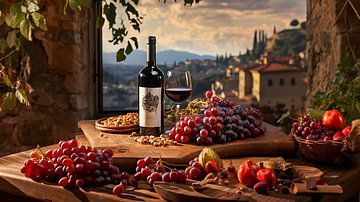 Bouteille de vin rouge sur une table en bois avec une grappe de raisin en Toscane sur Animaflora PicsStock