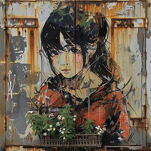 Graffiti Fille Manga Bac à fleurs Rouille Urbain Contraste