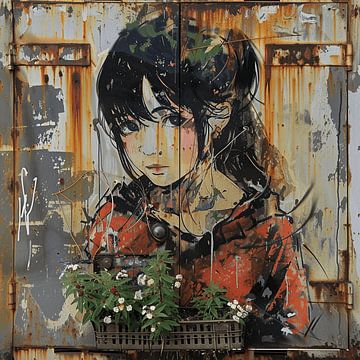 Graffiti manga meisje bloembak roest urban contrast van gm_designs