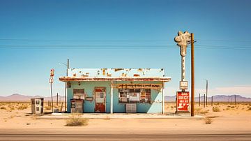 American landscape with vintage abandoned bar by Vlindertuin Art