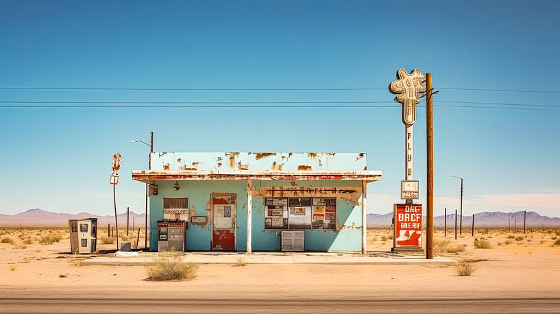 American landscape with vintage abandoned bar by Vlindertuin-Art