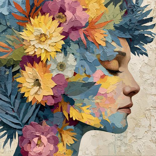 Bloemenpracht in Impasto – Kleurrijk Vrouwelijk Portret