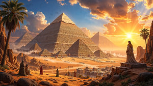 Fantasy Pharao Art Wandbild: SOLORAKH - Eine prachtvolle Pyramidenlandschaft in der Wüste