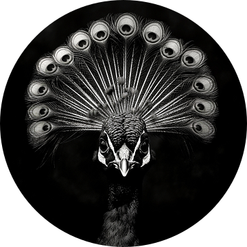 zwart wit portret van het gezicht van een pauw van Margriet Hulsker