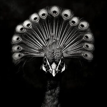 black and white portrait of the face of a peacock by Margriet Hulsker