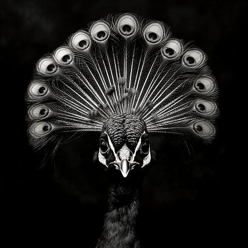 black and white portrait of the face of a peacock