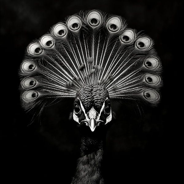 portrait en noir et blanc du visage d'un paon par Margriet Hulsker