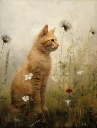 Rote Katze im Blumenfeld