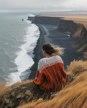 Jonge vrouw kijkt uit over het kustlandschap van fernlichtsicht