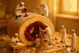 Miniature chefs autour d'un gâteau roulé