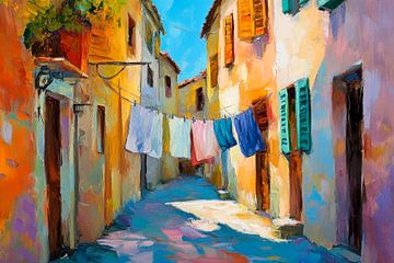 Ruelle colorée avec corde à linge - Pittoresque sur Poster Art Shop