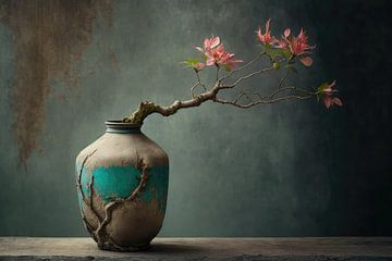 Stilleven met roze bloemen van Digitale Schilderijen