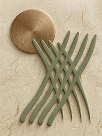 Japandi abstract artwork with a brass disc and organic texture