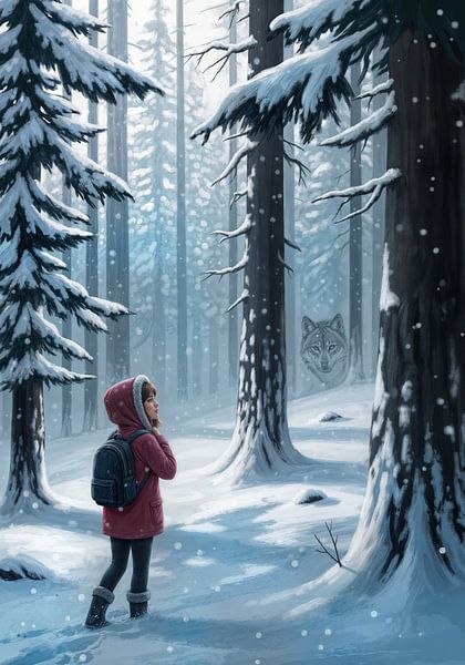 Vrouw in rode jas in sneeuwbos met wolf van Markus Gann