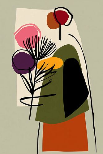 Femme abstraite avec des fleurs dans des aplats de couleur