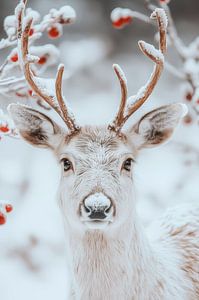 Winterliches Lächeln der Hirsche - Schneeweißer Hirsch in verzauberter Winterlandschaft
