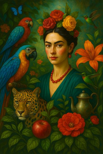 Portrait inspiré de Frida - art de la jungle coloré par Kleurenrijk