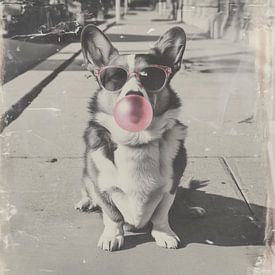 Welsh Corgi wearing sunglasses and chewing gum by Lauren Wilde