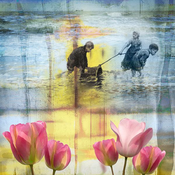 Children playing in the surf and Dutch tulips. by Alie Ekkelenkamp